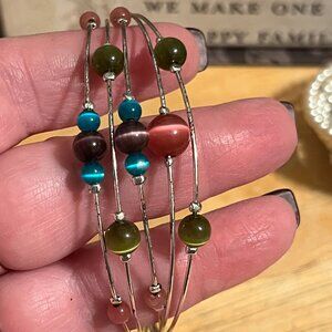 Silver tone Cuff Bracelet with Tiger Eye Beading in Various Colors